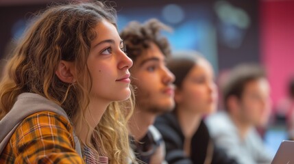 Obraz premium Engaged students in classroom setting, focused young woman learning, educational group lecture 