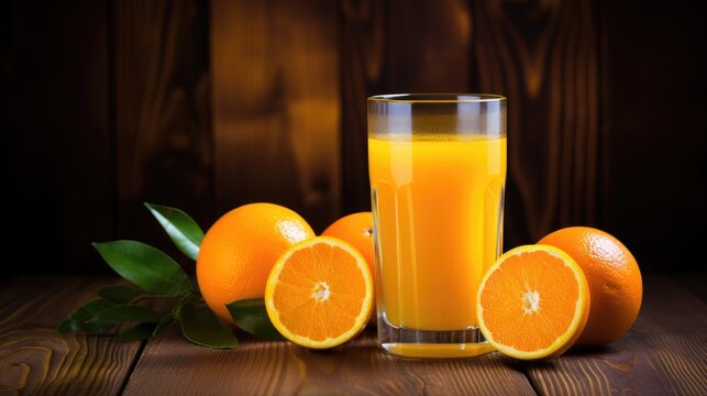 Juice from a ripe orange on a dark background. A refreshing soft drink, lemonade or smoothie in a glass.A healthy organic drink. Proper nutrition and diet.