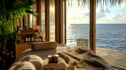 Seaside serenity: tranquil spa setting with ocean view, promoting relaxation and wellness with a tropical backdrop at a luxury resort.
