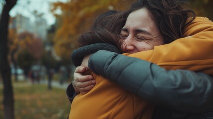 Reunited and it feels so good: heartfelt hug between two friends in an autumnal park, a moment of joy and comfort in the fall season.
 - obrazy, fototapety, plakaty