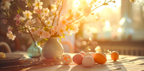 Easter table with colored Easter eggs indoor at home, Easter card. space for text
