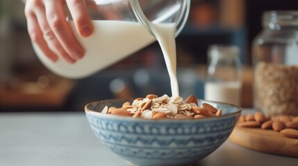 Healthy start to the day: pouring almond milk over a bowl of granola, nuts, and seeds, a nutritious breakfast choice for a wellness lifestyle.
