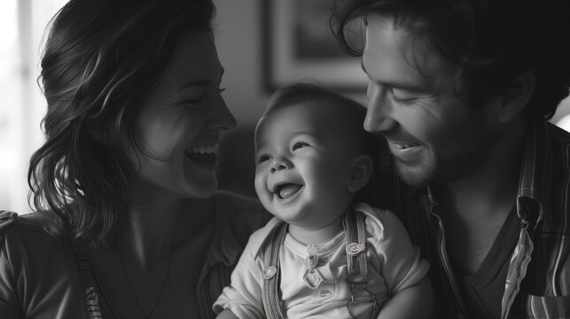 Joyful young family enjoying home life, candid black and white portrait of parents with laughing toddler, indoor bonding moment