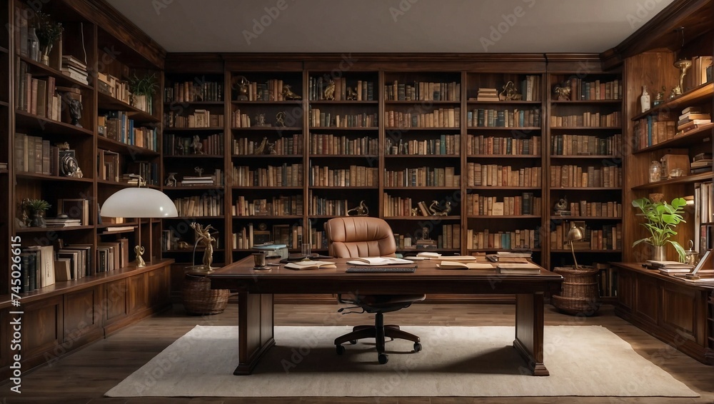 Wall mural photo of an office room in a classic style with lots of books made by AI generative