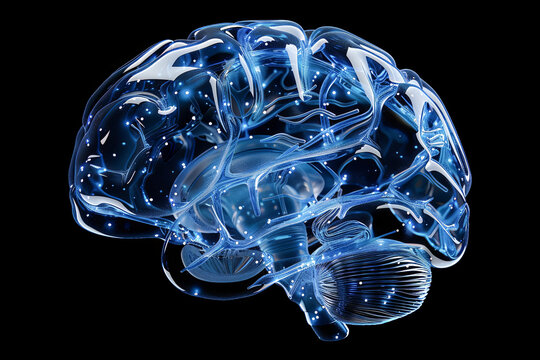 Transparent translucent 3D human brain with luminous dots inside, isolated on black background. Concept of medicine, science and artificial intelligence.