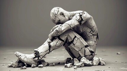 Abstract concept of mental health and mental disorder issues. Depression, stress, overwork, sadness, anxiety, adhd. Broken man statue - obrazy, fototapety, plakaty
