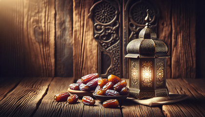 capturing the essence of Ramadan, featuring a beautifully crafted lamp and dates on a wooden background. The scene combines the rustic charm of the wooden texture with the soft glow of the oriental la