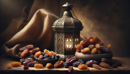 capturing the essence of Ramadan, featuring a beautifully crafted lamp and dates on a wooden...