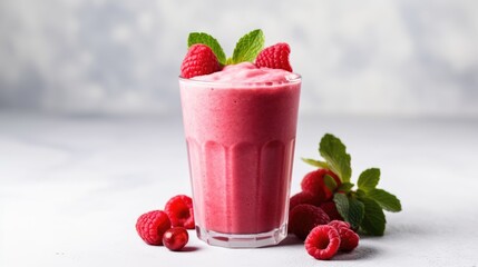 Smoothie in a glass of ripe raspberries on a light background. A refreshing refreshing drink, a delicious snack and breakfast. A healthy organic drink. Proper nutrition and diet.