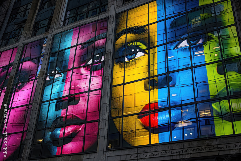Poster a city block comes alive with the faces of pop art legends each window frame a different story in co
