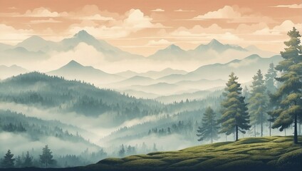 photo of a misty forest view with a mountain background in the morning made by AI generative