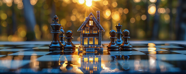 3D glass house on a chessboard strategizing moves in the complex game of international trade