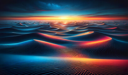 The image is a captivating digital landscape of undulating sand dunes under a twilight sky, artistically rendered with glowing lines and vivid colors.Natural background concept.AI generated. - obrazy, fototapety, plakaty