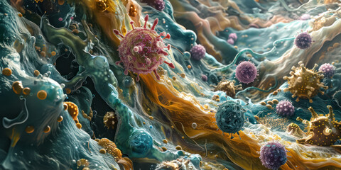 A microscopic landscape of the digestive tract teeming with bacteria of various shapes and sizes - obrazy, fototapety, plakaty