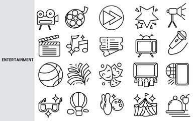 entertainment ,business Media and drama movies in the cinema or on TV entertainment to the viewers. ,Set of line icons for business ,Outline symbol collection.,Vector illustration. Editable stroke