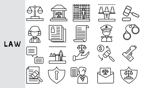 Laws and application of international trade laws ,Data-driven commercial and business litigation ,Set of line icons for business ,Outline symbol collection.,Vector illustration. Editable stroke