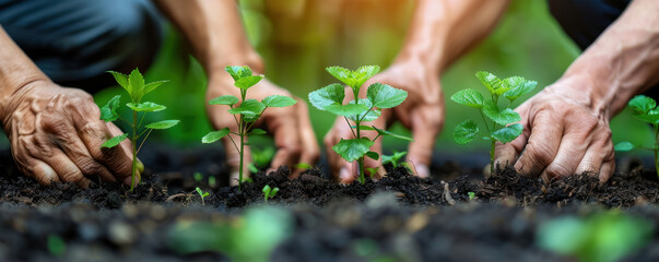 Corporate leaders planting trees in a community park symbolizing hands-on CSR activities for environmental restoration