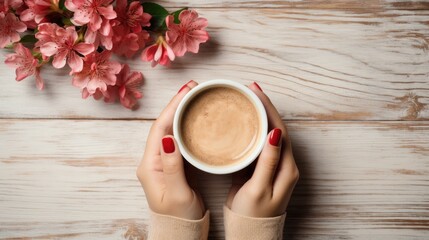 Fototapeta na wymiar Close-up of a woman's hands with a cappuccino or cocoa mug. An atmospheric image of flowers and a hot drink. Comfort and coziness. Femininity and tenderness.