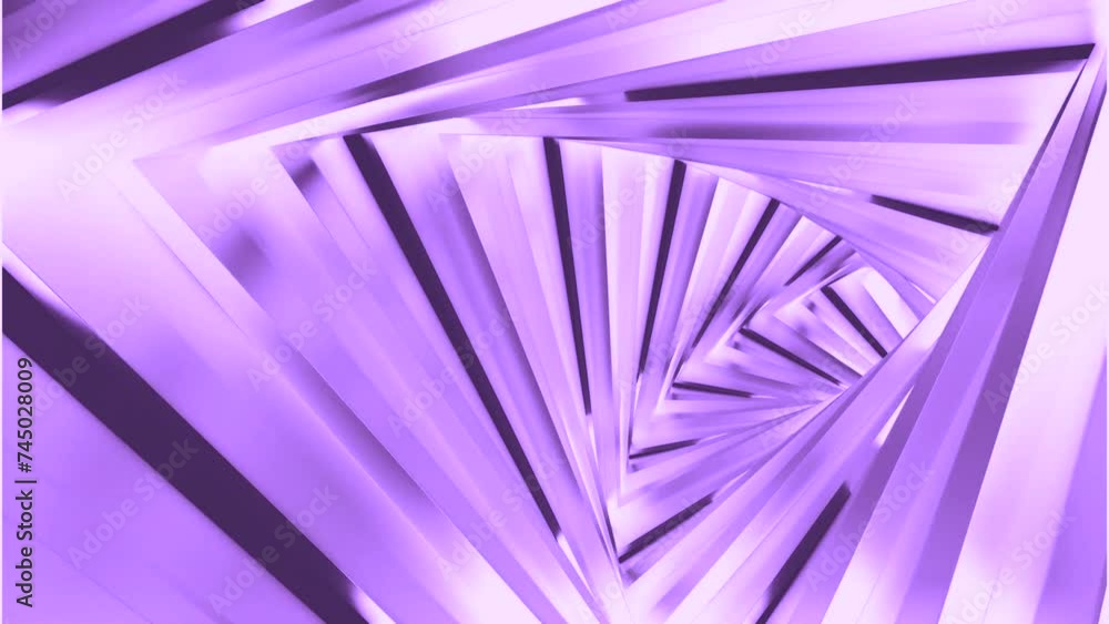 Poster Neon triangular tunnel moving into the distance. Design. Neon geometric background, abstract 3D background with bending triangular corridor.