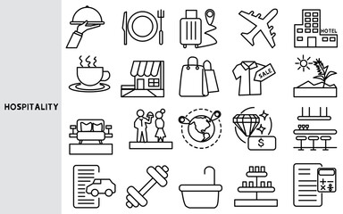 The hospitality and tourism industry .This industry sector includes: Hotels and Restaurant and Catering,Set of line icons for business ,Outline symbol collection.,Vector illustration. Editable stroke