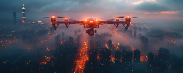 Wings of technology A Garuda-inspired drone hovers in a neon-lit sky capturing tomorrows cities - obrazy, fototapety, plakaty
