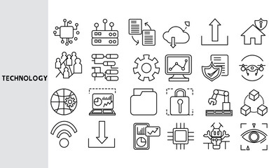 Technology, People's use of technology in various forms for economic benefit. ,Set of line icons for business ,Outline symbol collection.,Vector illustration. Editable stroke