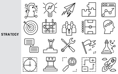 Strategy , Planning steps in doing business to reach work goals. ,Set of line icons for business ,Outline symbol collection.,Vector illustration. Editable stroke