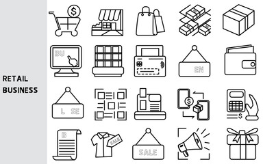 Retail sales, purchases of goods and services, spending on business transactions ,Set of line icons for business ,Outline symbol collection.,Vector illustration. Editable stroke