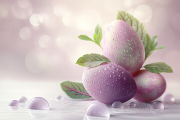 Obraz na płótnie Canvas lavender Easter eggs, flowers, leaves and water drops against lavender background. Easter banner