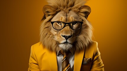A stylish lion exudes confidence in a tailored suit and trendy eyeglasses against a solid yellow background.