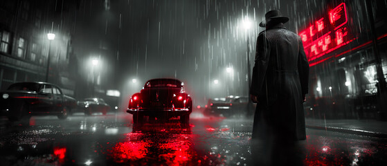 Dark Rainy City And Silhouette Of A Mafia Man. Illustration On The Theme Of Comics And Cinema. Generative AI - obrazy, fototapety, plakaty