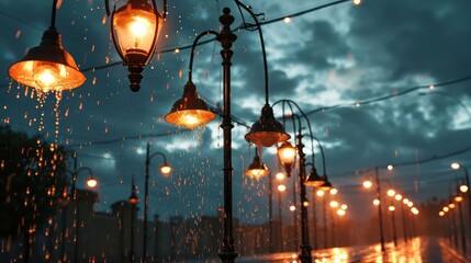 minimalist rain sky composition with generous copy space, illuminated by the warm and golden tones of city street lamps, portraying a serene and enchanting urban rainfall - obrazy, fototapety, plakaty