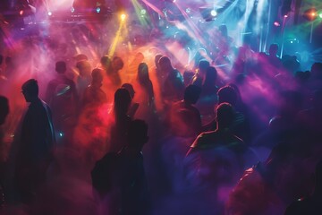 Concert crowd dancing colorful in nightclub