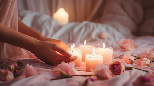 Close-up of women's hands with candles. Atmospheric image of flowers and candles. Harmony and balance. Femininity and tenderness.