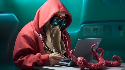 A tech-savvy octopus in a hoodie, multitasking with multiple devices while jamming out to tunes on futuristic wireless earphones