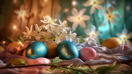 Fototapeta na wymiar Easter card with Glossy colored painted eggs with and spring flower branches on blurred background