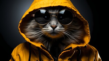 A suave cat dons a tailored suit and stylish sunglasses, exuding an air of modern elegance against a solid yellow background. 