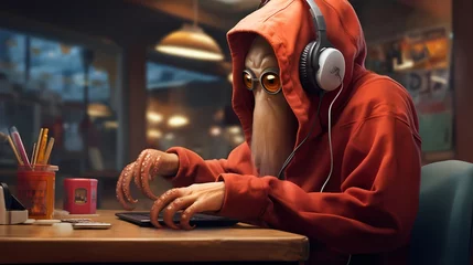Poster A tech-savvy octopus in a hoodie, multitasking with multiple devices while jamming out to tunes on futuristic wireless earphones © Bhadar