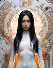 An android with human-like hair and features stands before a luminous, halo-like technological structure, highlighting the fusion of humanity and machine.