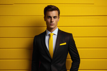 A dashing gentleman in business attire, against a captivating yellow solid wall backdrop, exudes style and grace with every gesture.