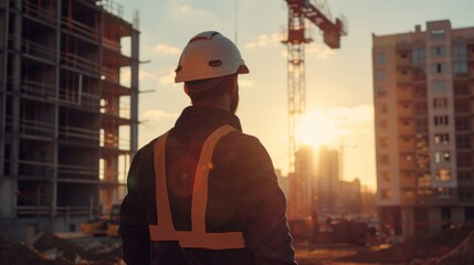 Fototapeta premium An engineer wearing a safety helmet working on a construction site 