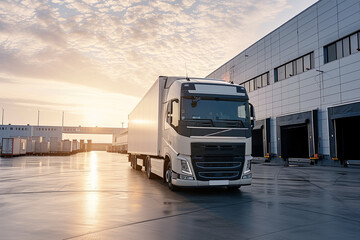 A truck parked in front of an industrial logistics building