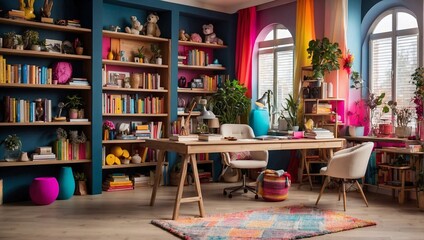 Naklejka na ściany i meble office space with a beautiful colorful theme made by AI generative