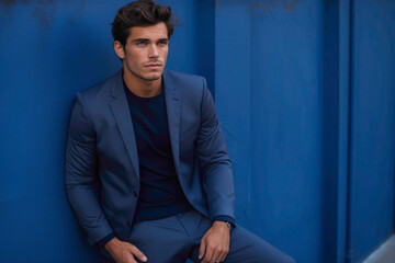 A handsome young man in a sleek, cobalt-blue ensemble, effortlessly cool as he leans against a solid backdrop of charcoal gray.