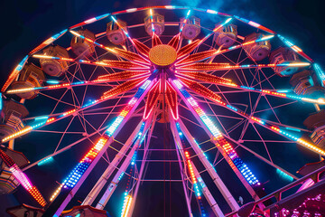 An illuminated Ferris wheel in an amusement park at night