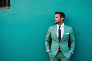A sophisticated gentleman in tailored business attire poses against a refreshing mint solid wall, radiating charm and poise with every gesture.