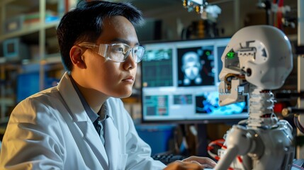  the scientist is focused on designing a robot, sitting at a desk with a computer or in a laboratory surrounded by various technical devices, schematics, and prototypes