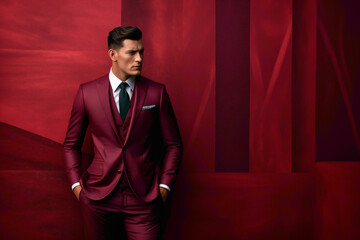 A sophisticated male model dressed in vibrant business clothing, standing tall against a refined, burgundy-paneled backdrop.