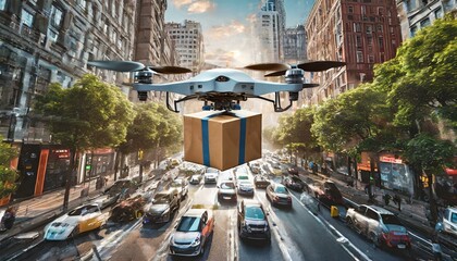 Autonomous drone hovers in the sky, delivering a package swiftly above a congested city street filled with cars stuck in a traffic jam, showcasing the efficiency of modern aerial delivery services
