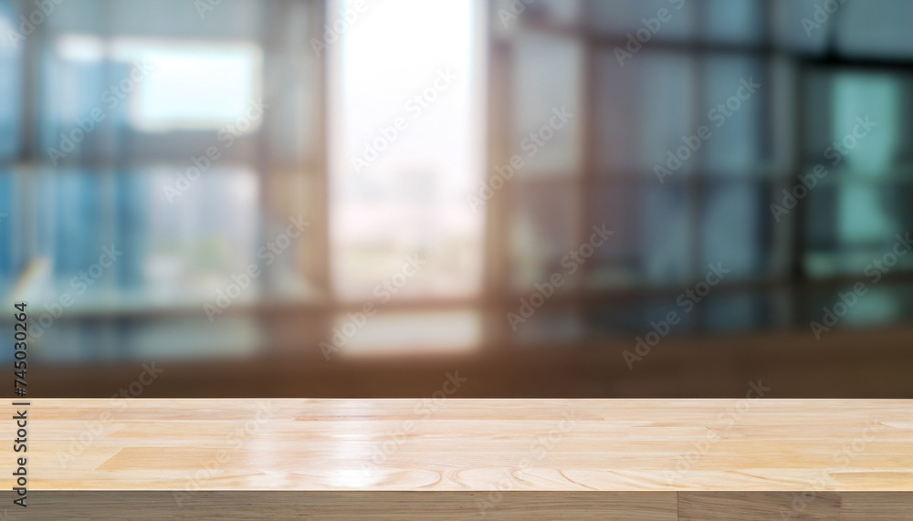 Poster empty wood table top and blur glass window wall building banner mock up abstract background - can us